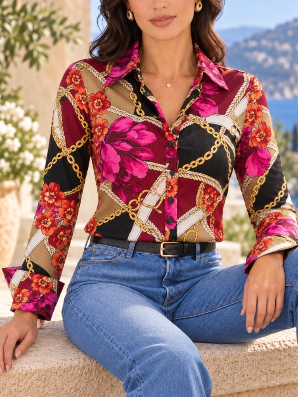 Boston Proper Floral Chain Print Button-Down Shirt